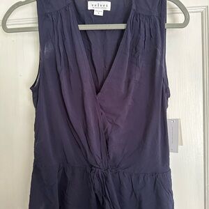 Velvet Blue Wrap Blouse with Tie Front